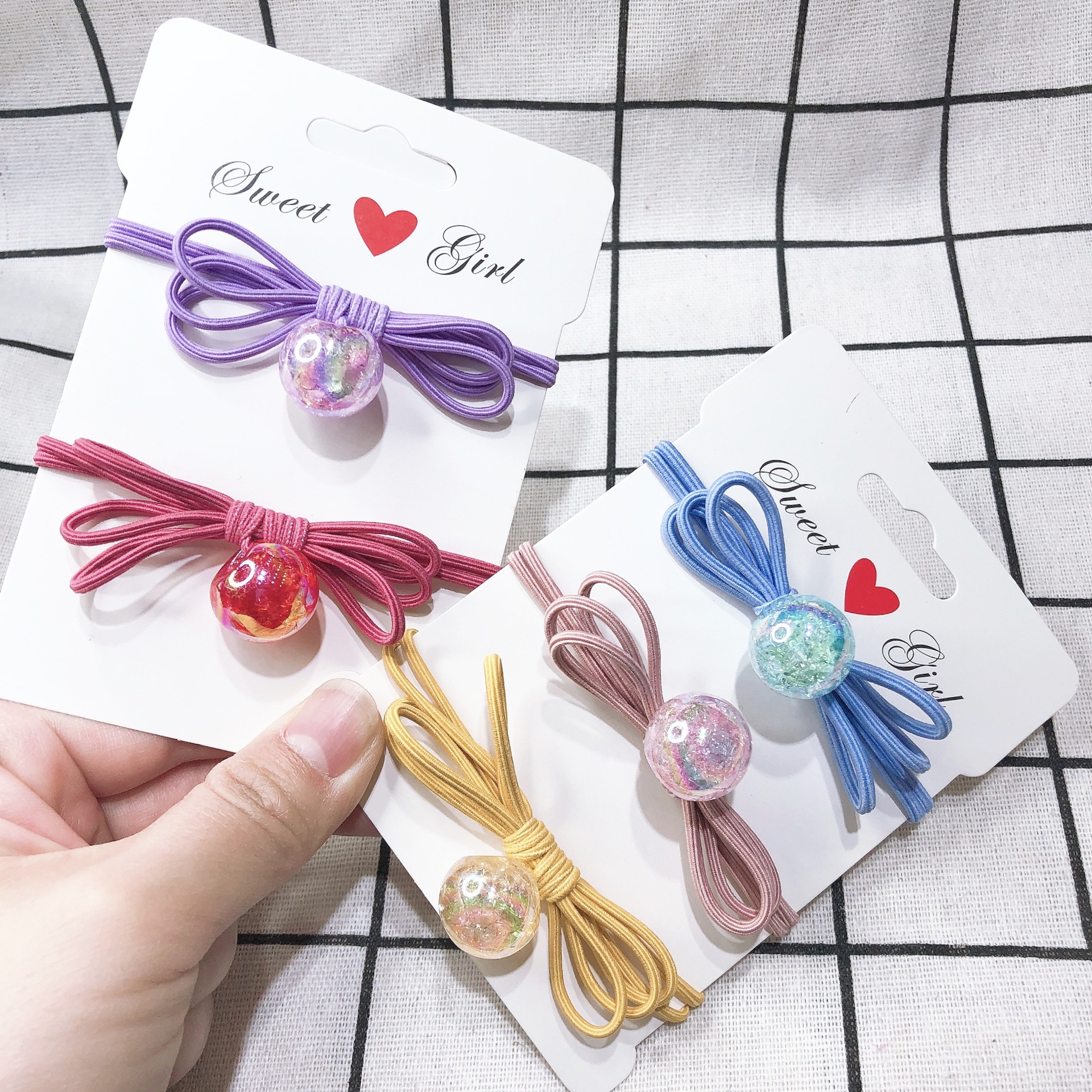 ยางรัดผม 2 เส้น ผูกเป็นโบ ร้อยลูกปัดสีเหลือบ งานสไตล์เกาหลี ขายส่ง เซต 10 ชิ้น