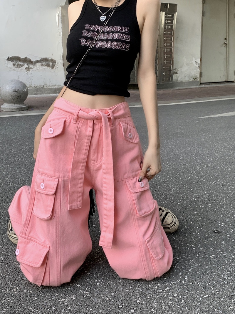 เสื้อผ้าแฟชั่นผู้หญิง กางเกง ลำลองวินเทจสีชมพู อเมริกัน เอวสูง คาร์โก้ หลายกระเป๋า bella 004
