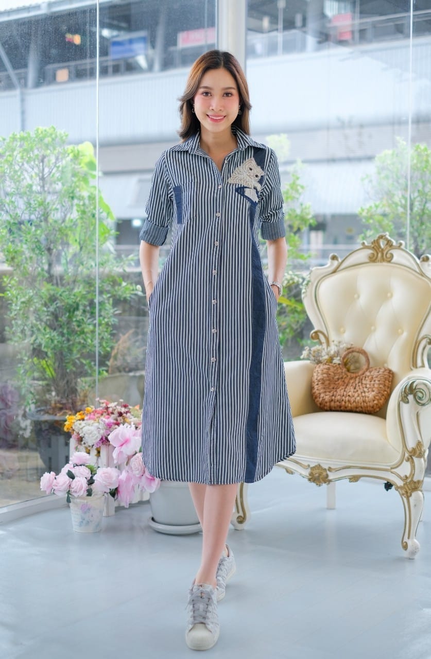 ชุดยีนส์ #8335 ลายริ้วปักลายสัตว์เก๋มาก ผ้ายีนส์แท้เนื้อนิ่ม ใส่สบาย ไม่ร้อน ใส่ได้หลายโอกาส
