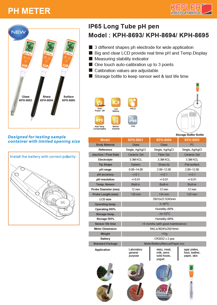 เครื่องวัดค่าความเป็นกรด-ด่างแบบปากกา (Long Tube Full Glass pH Pen Meter) แบรนด์ : KEPLER รุ่น : KPH-8693