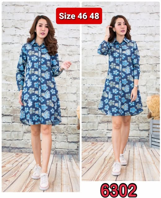 เดรสยีนส์ # 6302 Size 46, 48 ชุดยีนส์พิมพ์ลายดอกไม้สวยหรู ผ้ายีนส์เนื้อนิ่มไม่หนา ใส่สบาย แบบสวยใส่ได้หลายโอกาส