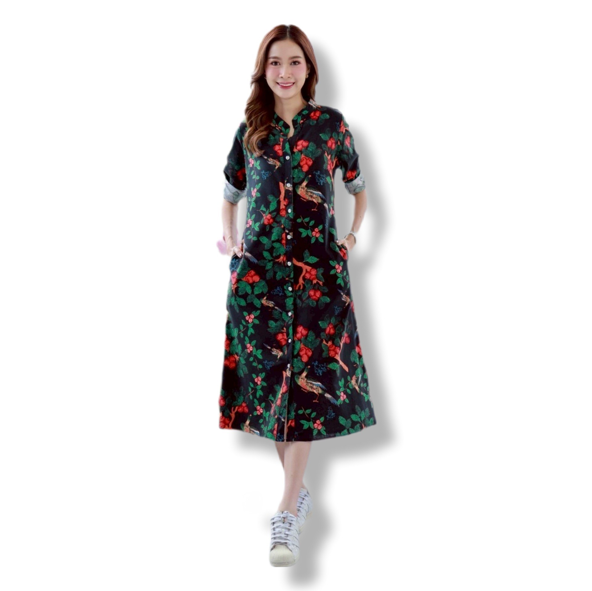 เดรสลินินผสมฝ้าย #8410 ชุดสีดำพิมพ์ลายสวยหรู ผ้าดีเนื้อนิ่มใส่สบายแบบสวยใส่ได้หลายโอกาส