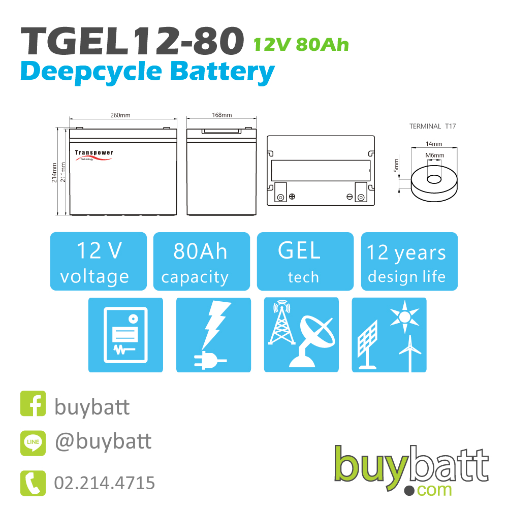แบตเตอรี่ deep cycle โซล่าเซลล์ รถไฟฟ้า TGEL12-80 12V 80Ah Transpower
