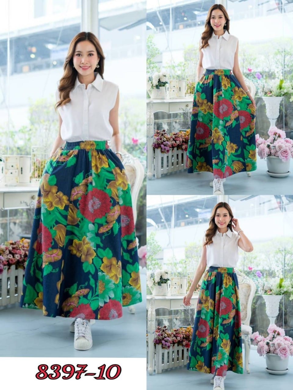 กระโปรงยีนส์ #8397-10 ขนาดฟรีไซส์ เอวสม็อค 26" ยืดได้ถึง 36" กระโปรงยีนส์ยาว พิมพ์ลายกดอกไม้ทั้งตัวกระโปรงสวย