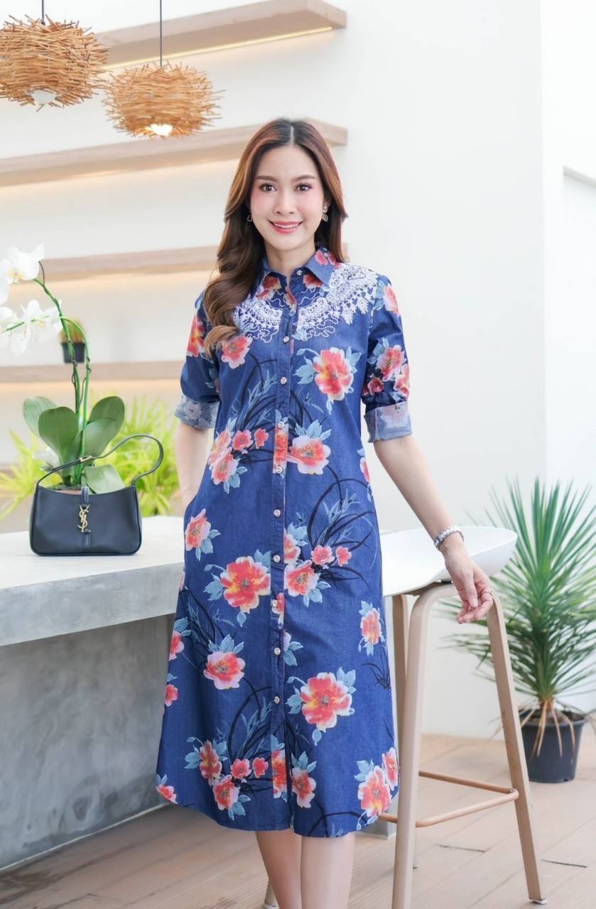 ชุดยีนส์ #8837-3 เดรสยีนส์พิมพ์ลายดอกไม้แต่งงานฉลุสวยหรูทั้งด้านหน้าและหลัง ผ้ายีนส์แท้เนื้อนิ่ม ใส่สบาย แบบสวยใส่ได้หลายโอกาส