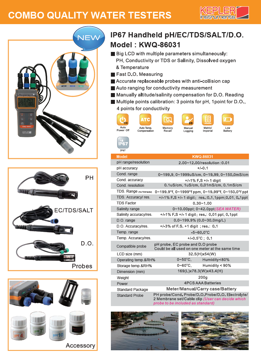 เครื่องวัดคุณภาพน้ำแบบมือถือ (Combo Water Quality Testers) แบรนด์ : KEPLER รุ่น : KWQ-86031