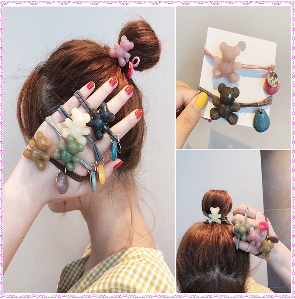 ยางรัดผม 2 เส้น คละสี ร้อยลูกปัด รูปตุ๊กตาหมี ขายส่ง เซต 10 ชิ้น