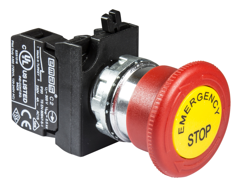 ปุ่มกดฉุกเฉิน (Emergency Stop) 22mm. รุ่น CM200EE หน้าสัมผัส 1NC พร้อมแผ่นเพลท แบรนด์ EMAS
