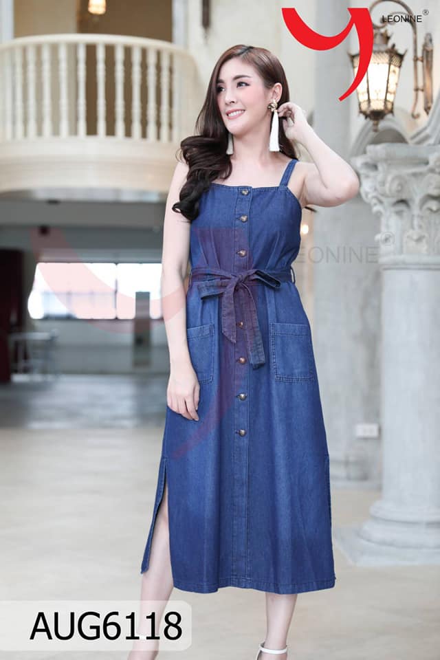 Free size มินิเดรสยีนส์สายเดี่ยวโชว์ไหล่ เดรสผ้านิ่ม สวย ใส่สบาย มิก&แมท กับเสื้อยืดด้านในก็ได้