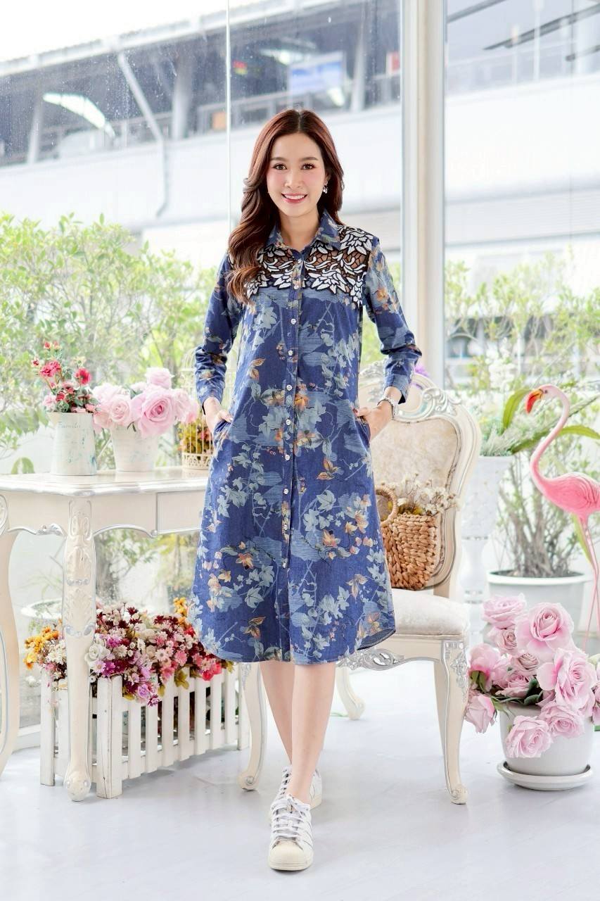 ชุดยีนส์ #8836 เดรสยีนส์พิมพ์ลายสวยแต่งงานฉลุสวยหรูด้านหน้า ผ้ายีนส์แท้เนื้อนิ่ม ใส่สบาย แบบสวยใส่ได้หลายโอกาส