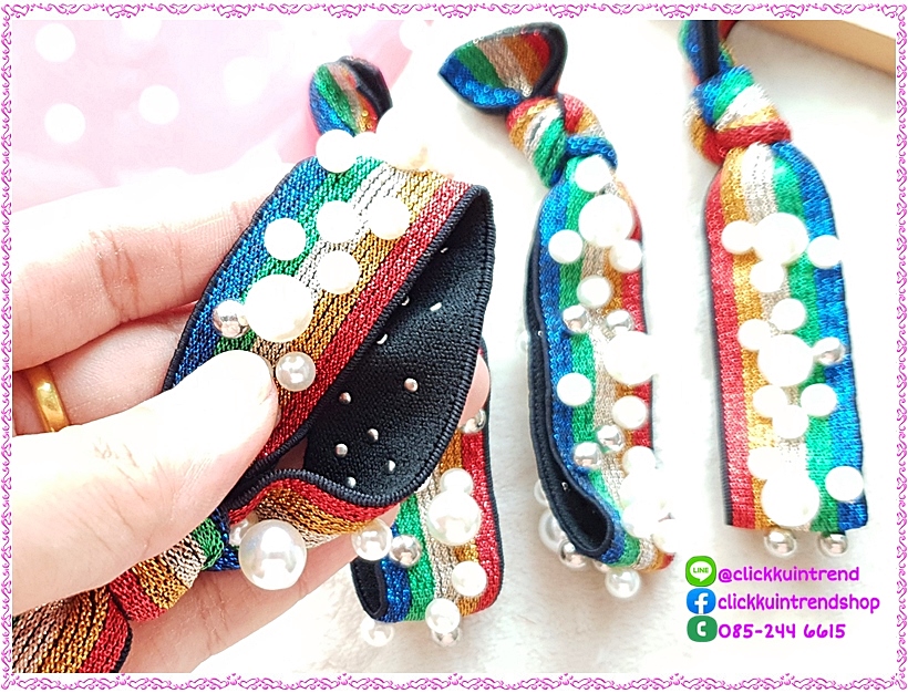 ยางรัดผม แบบยางยืดลายสีรุ้ง เส้นหนา ปักมุกรอบเส้น(รุ่นมุกน้อย) งานสไตล์เกาหลี ขายส่ง เซต 10 ชิ้น