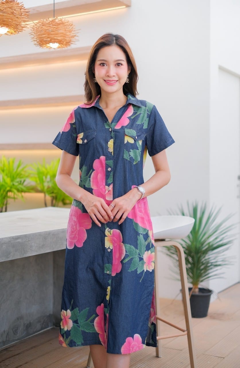 ชุดยีนส์ #8663 เดรสยีนส์พิมพ์ลายดอกไม้สวยหรู ผ้ายีนส์แท้เนื้อนิ่มแบบสวย ใส่สบายส่ได้หลายโอกาส