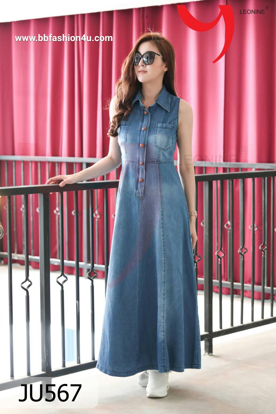 เดรสยีนส์ยาว # Free size สียีนส์ฟอก