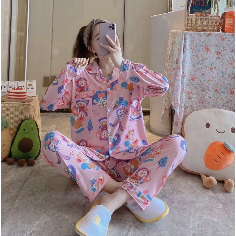 เสื้อผ้าแฟชั่นผู้หญิง ชุดนอนคอตต้อน ลายใหม่ฮิต ผสมการ์ตูน เสื้อแขนยาวกระดุมหน้าคอปกกางเกง