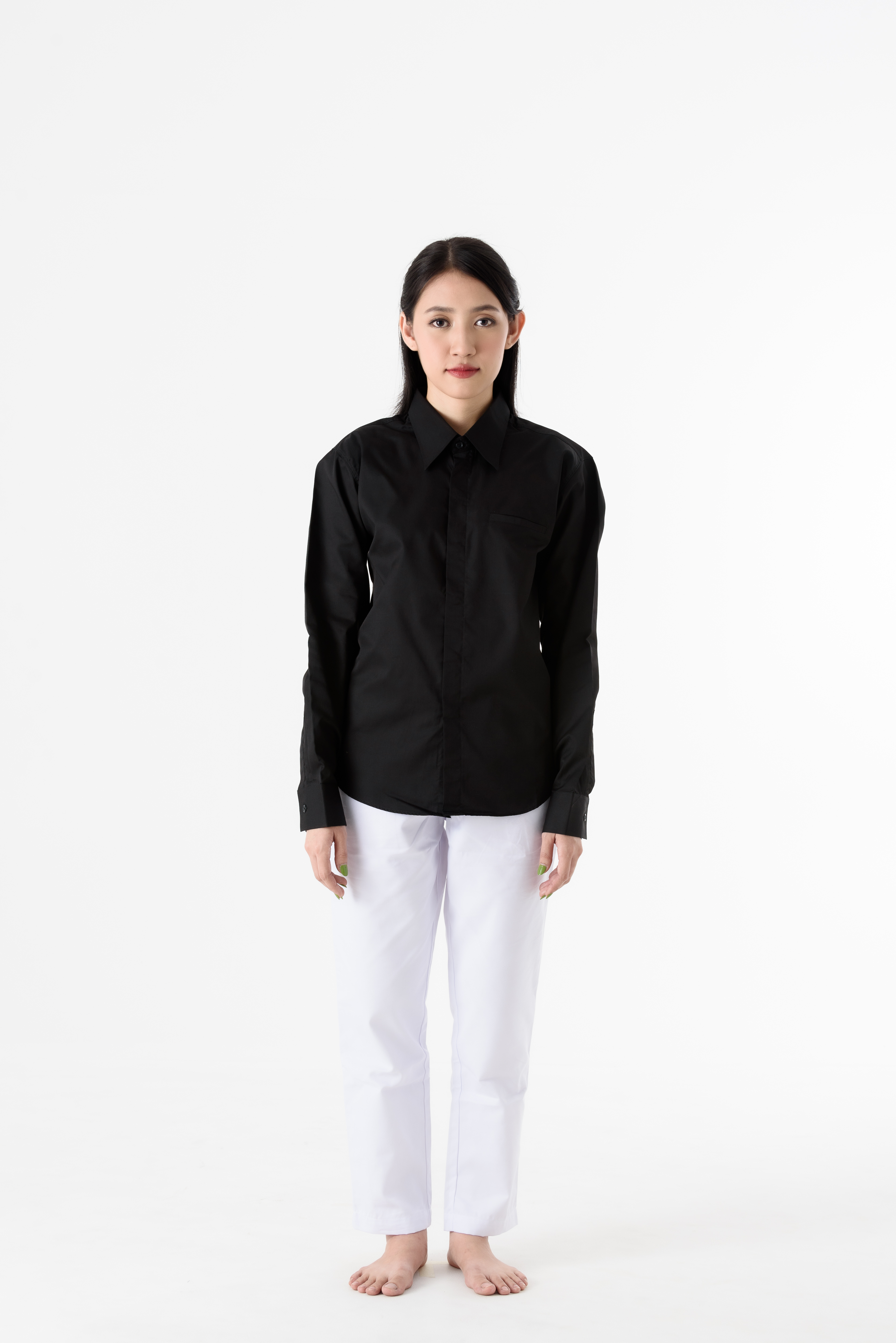 PNS003 ชุดพนักงานเสริฟ เสื้อเชิ๊ต กระดุมซ่อน สีดำ Black Shirt hidden buttons