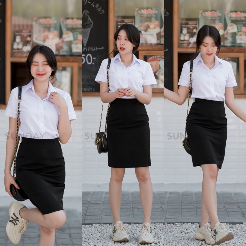 เสื้อผ้าแฟชั่นผู้หญิง กระโปรงทรงเอ ยาว 20 22 24 26 กระโปรงนักศึกษา ผ้ายืดฮานาโกะผ่าหลังทับ กระโปรงนักศึกษาทรงเอ sundayuniform