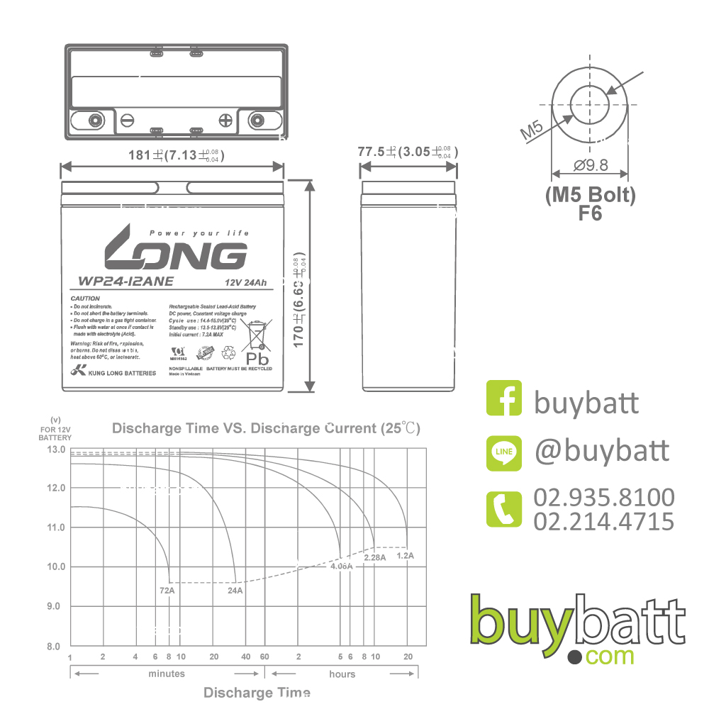 แบตเตอรี่แห้ง จักรยาน ไฟฟ้า 12V 24Ah WP24-12ANE LONG Battery Lead Acid SLA VRLA AGM