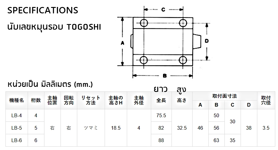 Togoshi โทโกชิ นับเลขหมุนรอบ รุ่น LB4 Revolution counter 4 หลัก ญี่ปุ่น คุณภาพดี