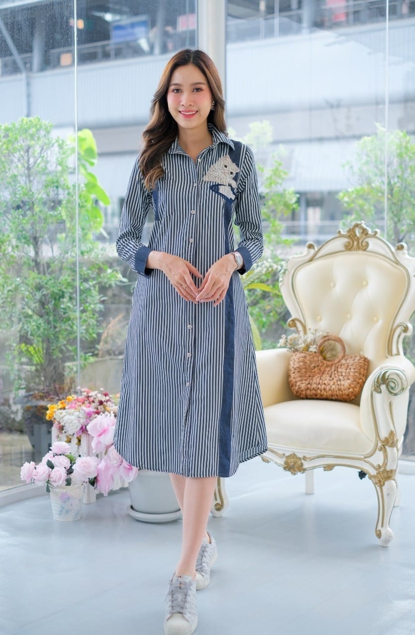 ชุดยีนส์ #8335 ลายริ้วปักลายสัตว์เก๋มาก ผ้ายีนส์แท้เนื้อนิ่ม ใส่สบาย ไม่ร้อน ใส่ได้หลายโอกาส
