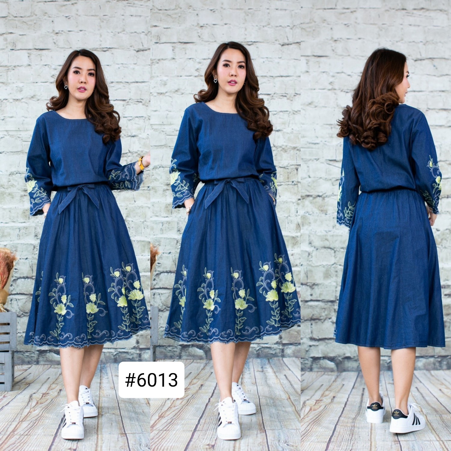 เดรสยีนส์ #6013 สียีนส์เข้ม ขนาดฟรีไซส์ อก 40" ชุดเสื้อติดกับกระโปรง ปักลายดอกไม้สวยมาก