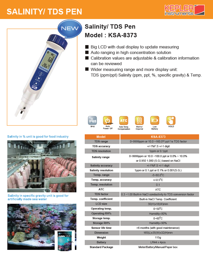 เครื่องวัดค่าความเค็มแบบปากกา (Pen Type Salinity / TDS Meter) แบรนด์ : KEPLER รุ่น : KSA-8373