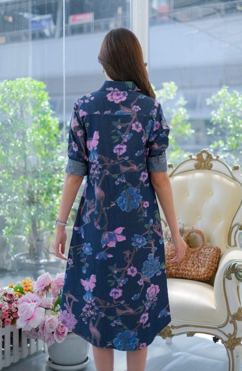 ชุดยีนส์ #8608 เดรสยีนส์แบบสวยพิมพ์ลายดอกไม้สวยหรู ผ้ายีนส์เนื้อนิ่มไม่หนา ใส่สบาย สินค้าขายดี