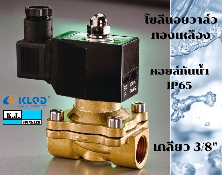 โซลีนอยวาล์วทองเหลือง ขนาด 3/8 นิ้ว ปกติปิด (NC) 2/2 คอยล์กันน้ำ IP65 (AC220V, AC24V, DC24V, DC12V)