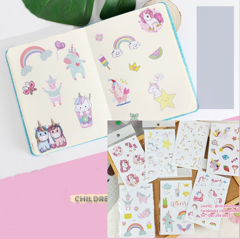 สติ๊กเกอร์ สำหรับติดตกแต่สมุด เป็นเนื้อด้านแบบกระดาษถ่ายเอกสาร (ต้องตัดเอง) ขายส่ง เซต 10 แผ่น คละลายการ์ตูน