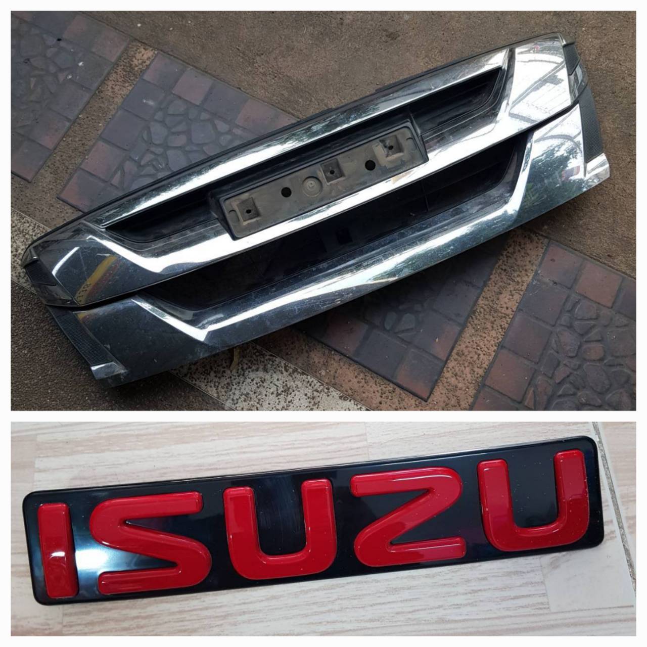 กระจังหน้า โครเมียม ISUZU DMAX ปี 2017(มือสอง) 1000 บาท และ โลโก้ ISUZU สีแดงพื้นดำ(ของใหม่)500 บาท