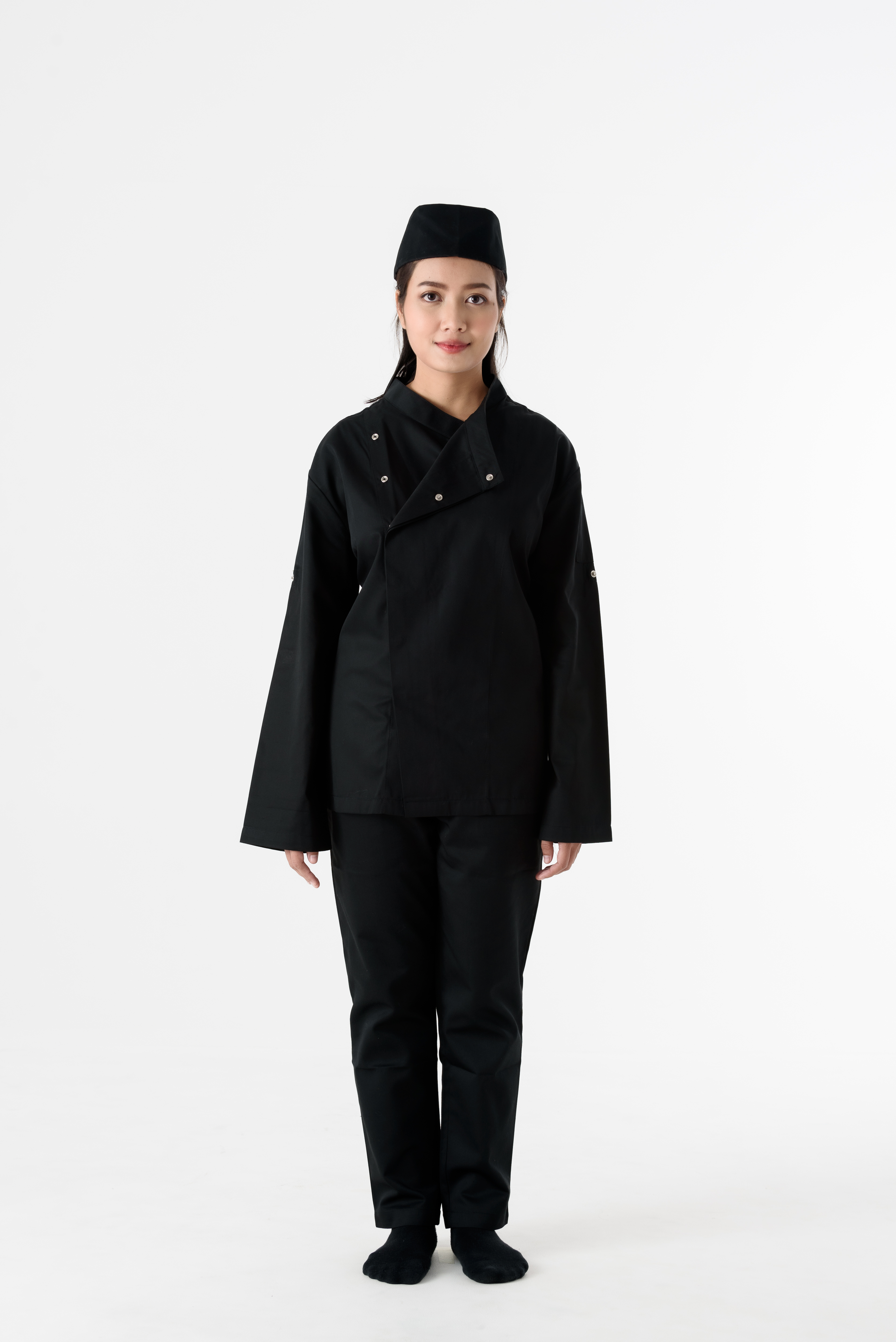 DFS013 black Chef jacket with hidden snap button เสื้อเชฟสากล สีดำ กระดุมแป็กซ่อน