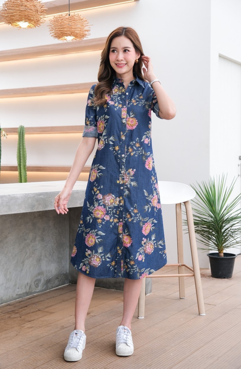 ชุดยีนส์ #8590 (2) แบบสวยพิมพ์ลายดอกไม้สวยหวาน ผ้ายีนส์เนื้อนิ่มไม่หนา ใส่สบาย สินค้าขายดี