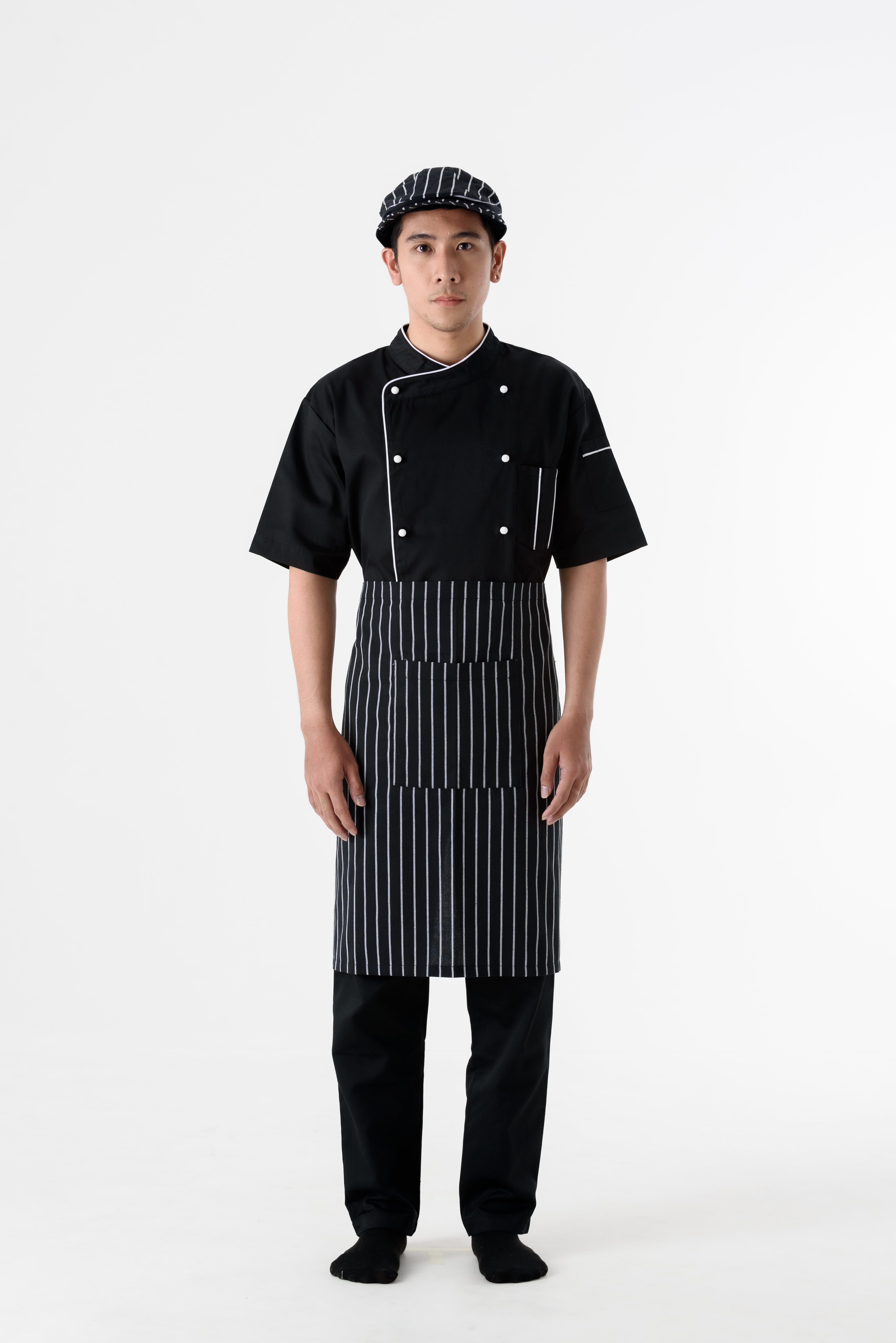 DFS011 Chef Uniform ชุดเชฟสากล (black with white piping and white buttons, สีดำ)