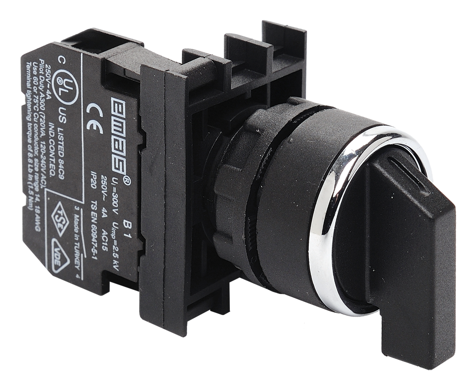 Selector Switch 22mm. รุ่น B100S20 หน้าสัมผัส 1NO ตำแหน่ง 0-I แบรนด์ EMAS