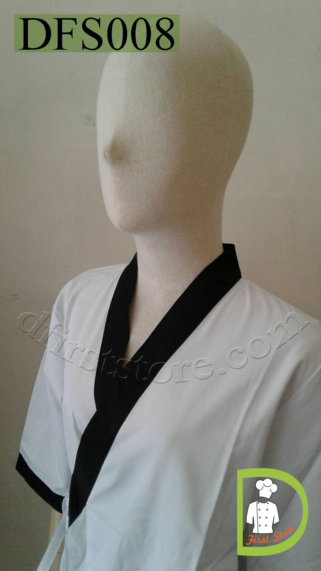 DFS008 White Japanese chef jacket (Samue style) with black rim ซามูเอะ ชุดเชฟ ญี่ปุ่น สีขาว กุ๊น สีดำ