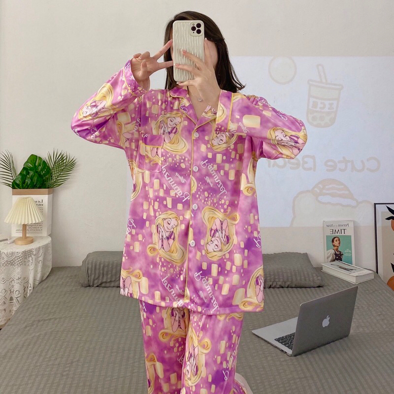 เสื้อผ้าแฟชั่นผู้หญิง ชุดนอนคอตต้อน ลายใหม่ฮิต ผสมการ์ตูน เสื้อแขนยาวกระดุมหน้าคอปกกางเกง