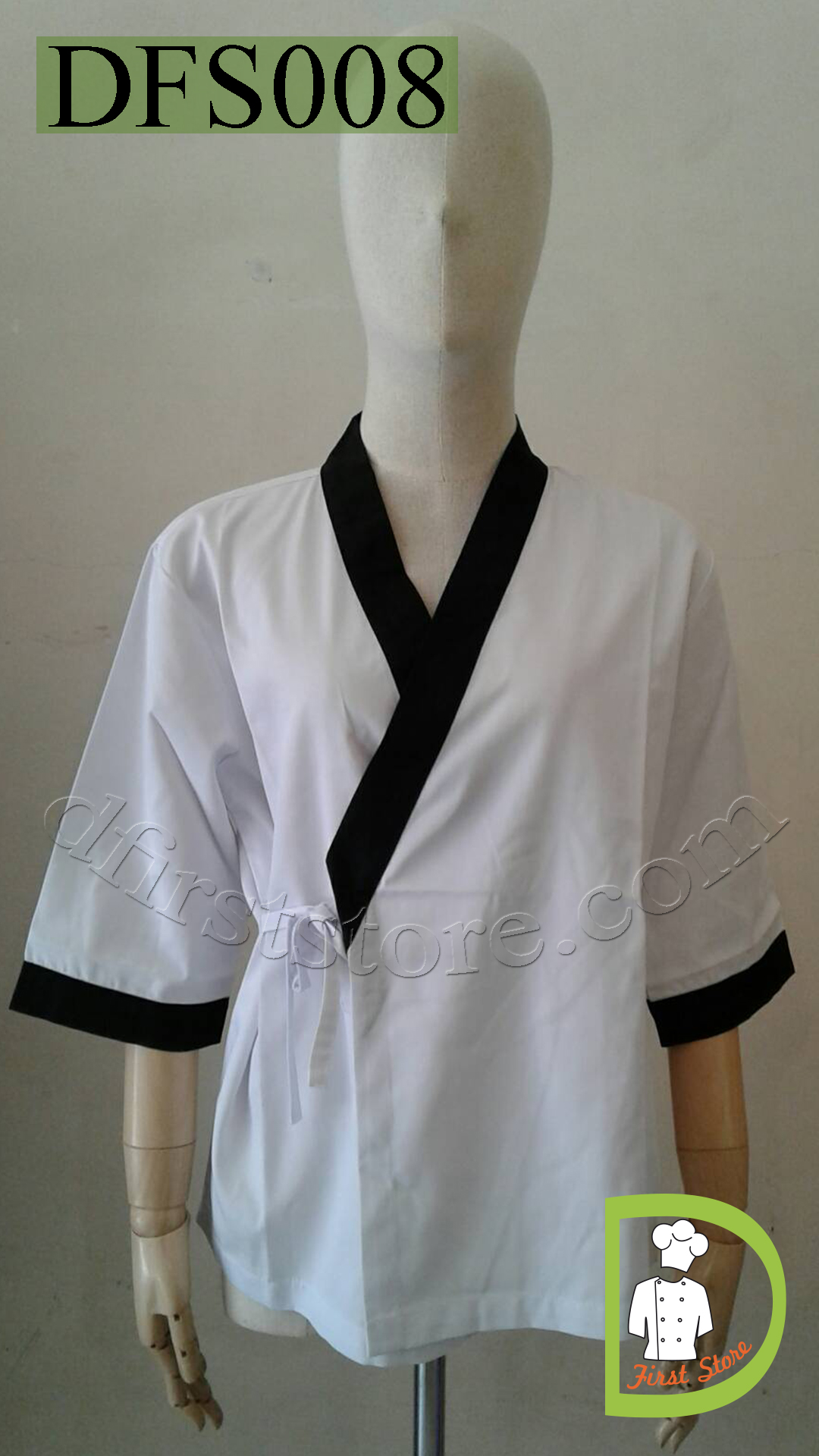 DFS008 White Japanese chef jacket (Samue style) with black rim ซามูเอะ ชุดเชฟ ญี่ปุ่น สีขาว กุ๊น สีดำ