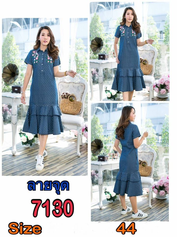 Size 44 เดรสยีนส์ยาว คอเชิ้ต แขนสั้น ผลิตจากผ้ายีนส์แท้เนื้อนิ่มพิมพ์ลายจุด ปักลายดอกไม้หน้าอกสวยมากผ้ายีนส์ฟอกนิ่มไม่หนาใส่สบาย