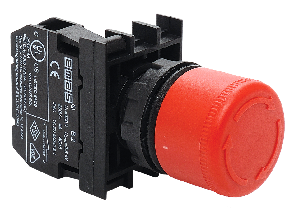 ปุ่มกดฉุกเฉิน (Emergency Stop) 22mm. รุ่น B200E30 หน้าสัมผัส 1NC แบรนด์ EMAS