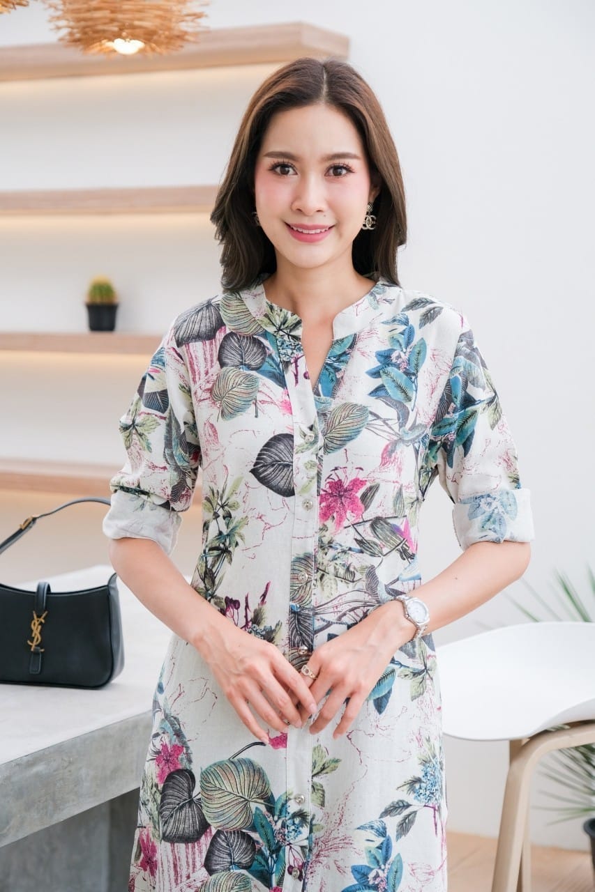 เดรสลินินผสมฝ้าย #8415 ชุดพิมพ์ลายดอกไม้สีสวยละมุน ผ้าดีเนื้อนิ่มใส่สบาย