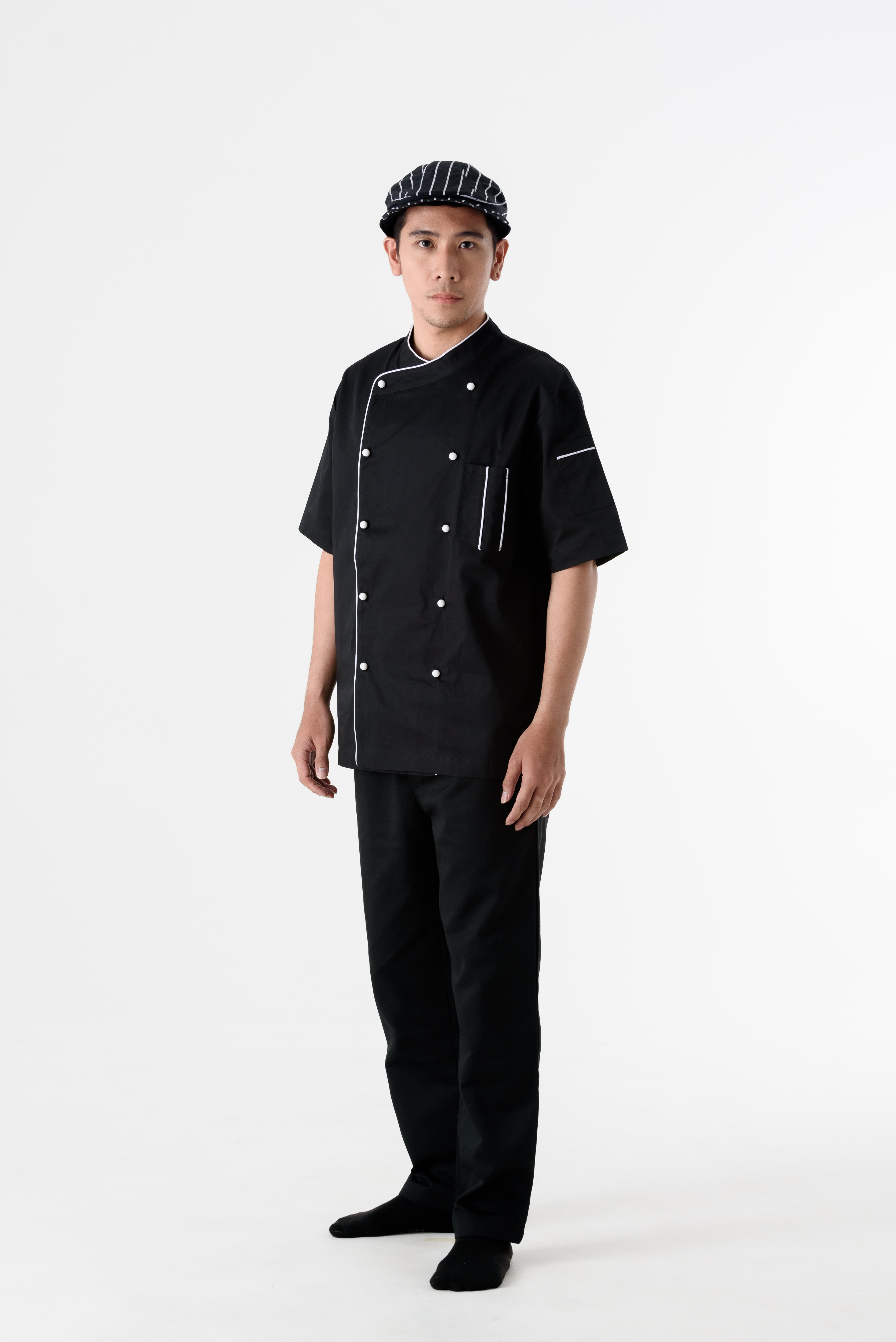 DFS011 Chef Uniform ชุดเชฟสากล (black with white piping and white buttons, สีดำ)