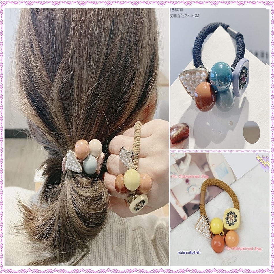ยางรัดผม เส้นใหญ่พันด้าย ร้อยตุ้งติ้ง มุก+เพชร งานสไตล์เกาหลี ขายส่ง เซต 10 ชิ้น
