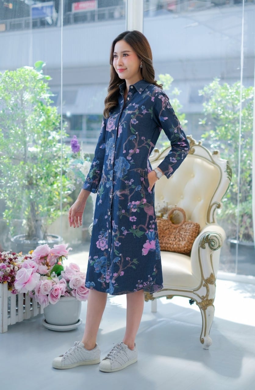 ชุดยีนส์ #8608 เดรสยีนส์แบบสวยพิมพ์ลายดอกไม้สวยหรู ผ้ายีนส์เนื้อนิ่มไม่หนา ใส่สบาย สินค้าขายดี