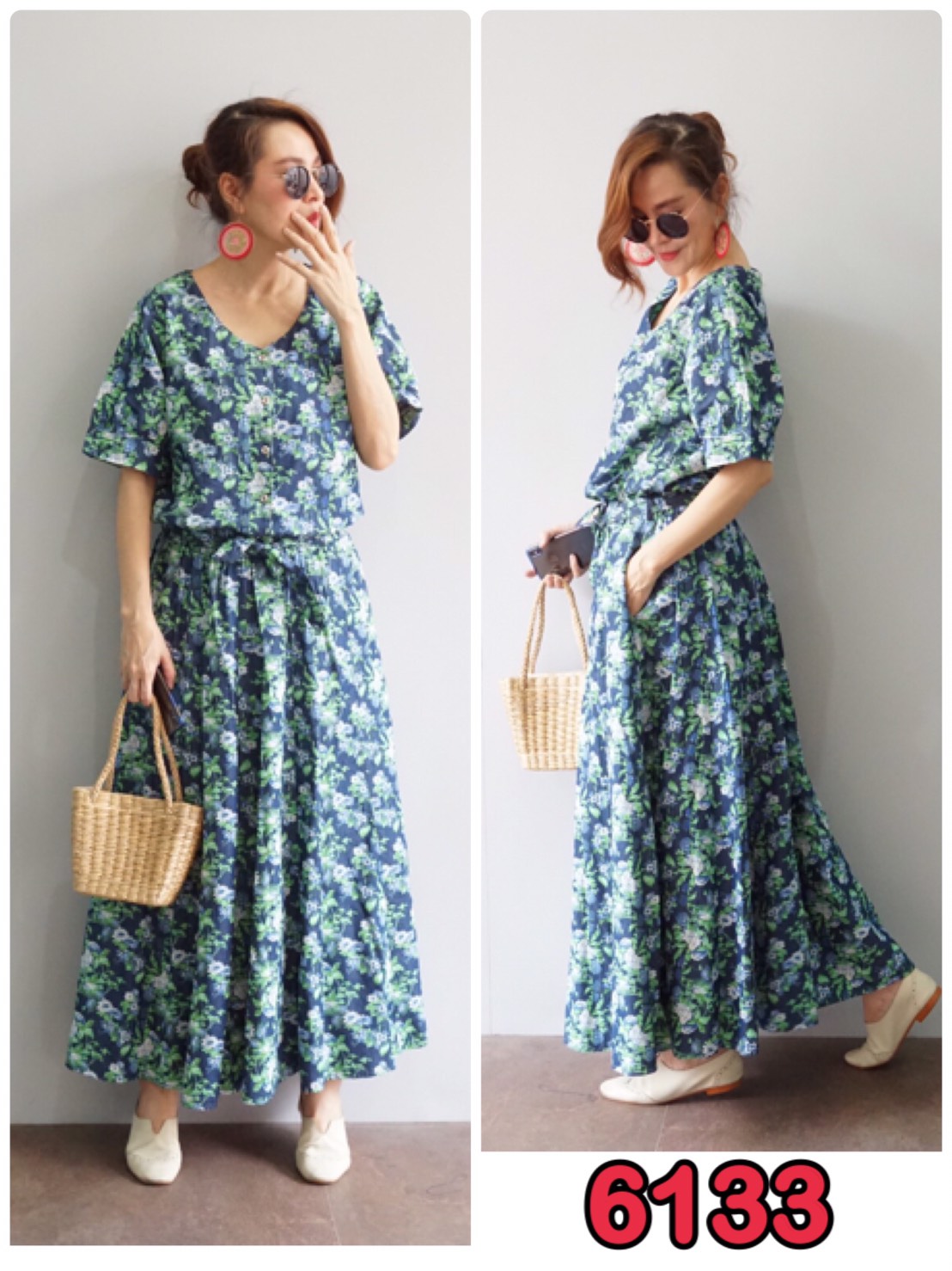 แมกซี่เดรสยีนส์คอวี (ชุดยีนส์ยาว) ขนาด Free size รอบอก 40" พิมพ์ลายดอกไม้ทั้งตัวสวยมาก ใส่สบาย ใส่ได้หลายโอกาส