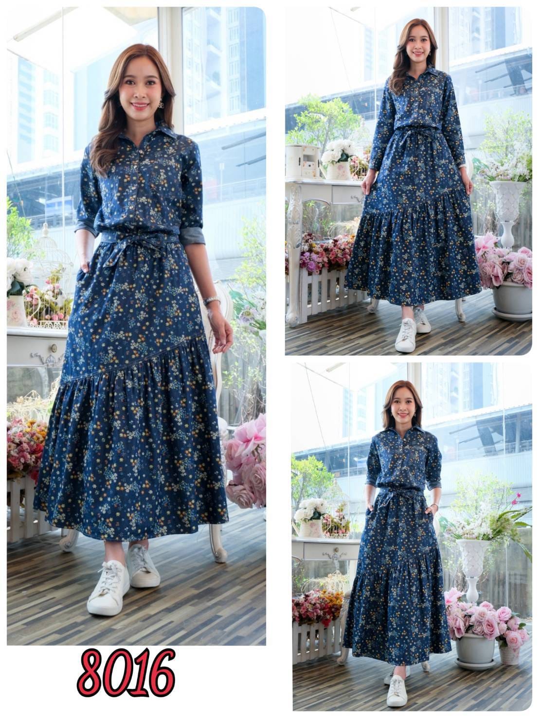 แมกซี่เดรสยีนส์ #8016 (ชุดยีนส์ยาว-ชุดติดกัน) พิมพ์ลายดอกไม้สีสดใสแบบสวยมาก ขนาด Free size รอบอก 40"
