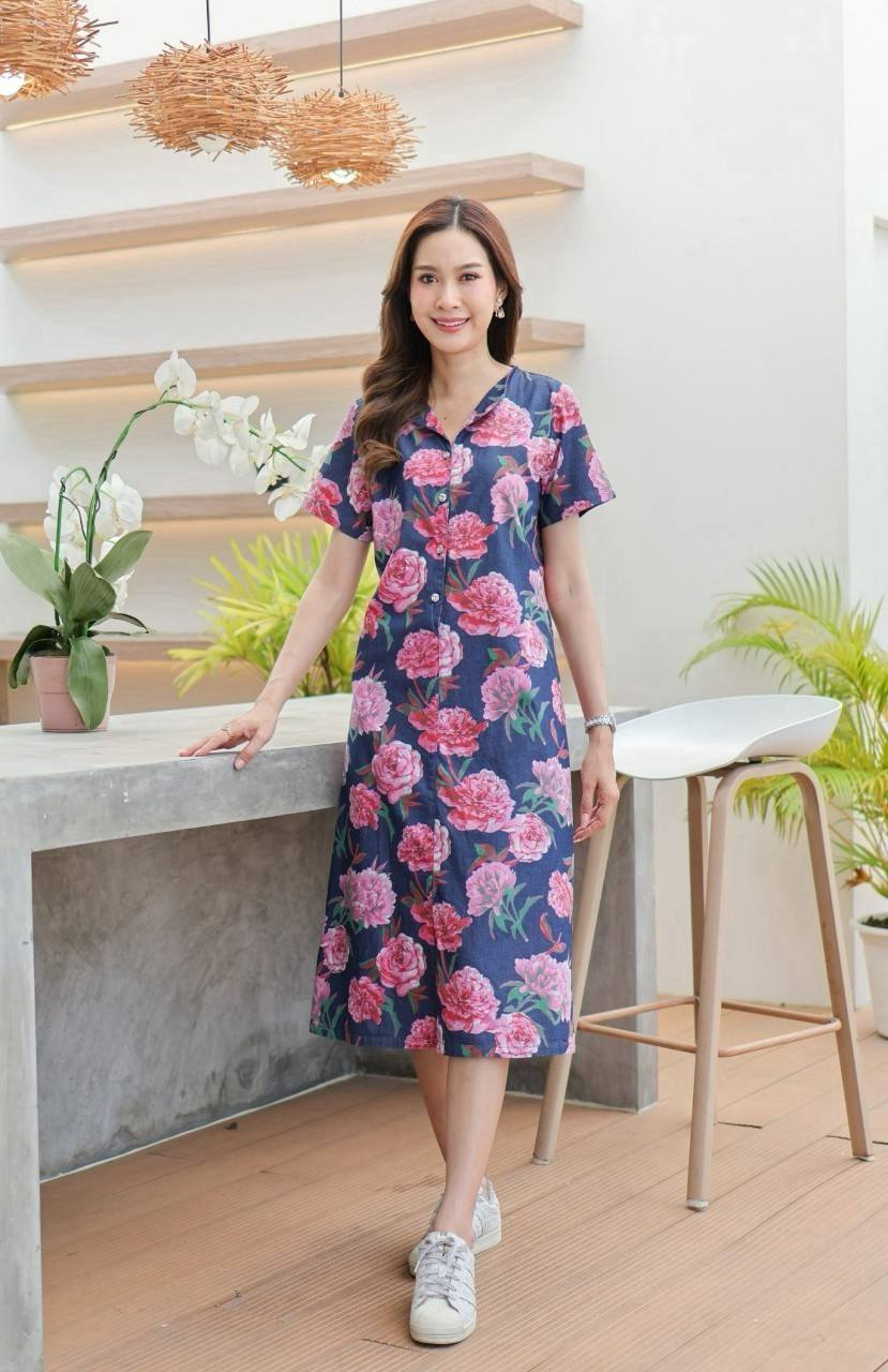 ชุดยีนส์ #8770 เดรสยีนส์พิมพ์ลายดอกไม้สวยหรู ผ้ายีนส์เนื้อนิ่มดีแบบสวย ใส่สบาย ใส่ได้หลายโอกาส
