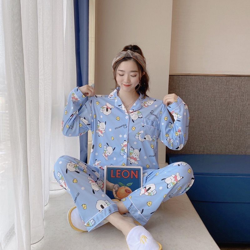 เสื้อผ้าแฟชั่นผู้หญิง ชุดนอนคอตต้อน ลายใหม่ฮิต ผสมการ์ตูน เสื้อแขนยาวกระดุมหน้าคอปกกางเกง