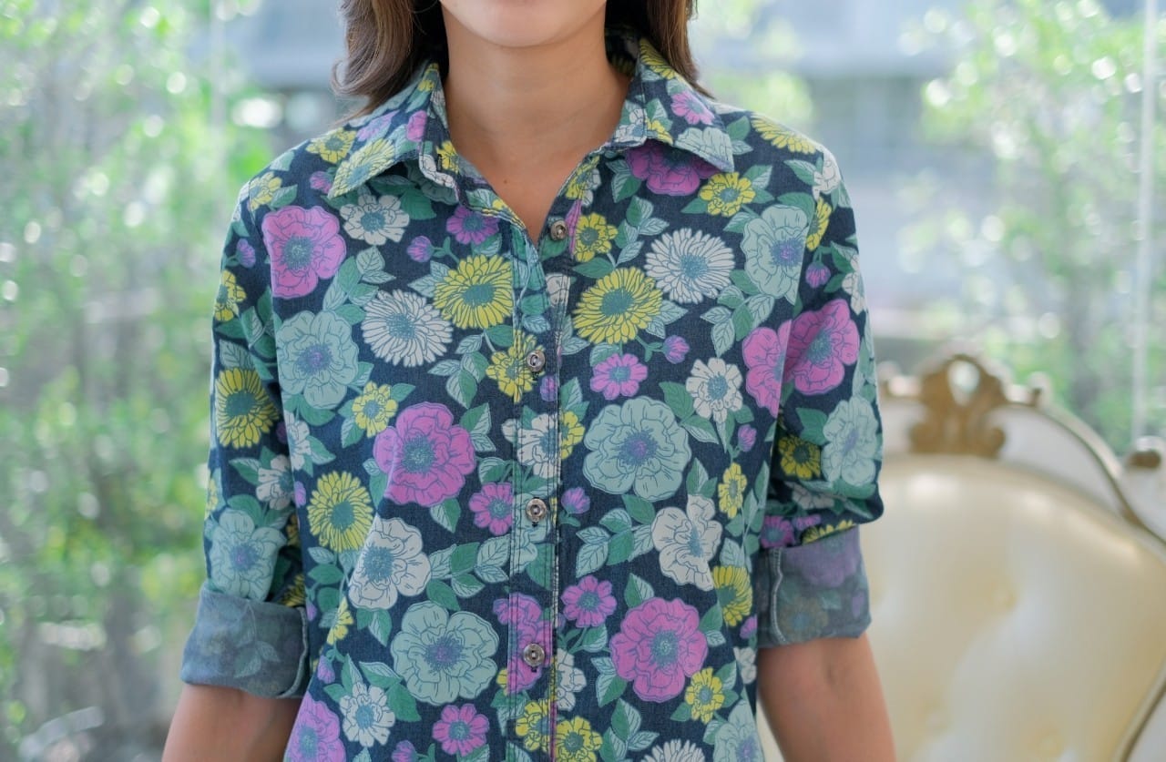 ชุดยีนส์ #8647 เดรสยีนส์แบบสวยพิมพ์ลายดอกไม้สวยหรู ผ้ายีนส์เนื้อนิ่มไม่หนา ใส่สบาย สินค้าขายดี