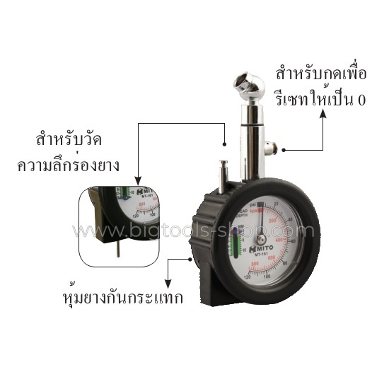 MITO : เกจ์วัดลมยาง แบบหน้าปัด พร้อมที่วัดความลึกร่องยาง (MT-161)