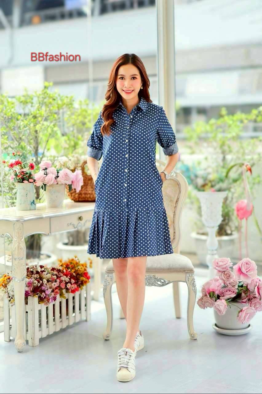 เดรสยีนส์ #8730 ผ้ายีนส์เนื้อนิ่มคอเชิ้ตแต่งระบายชายน่ารัก แบบสวยใส่ได้หลายโอกาส
