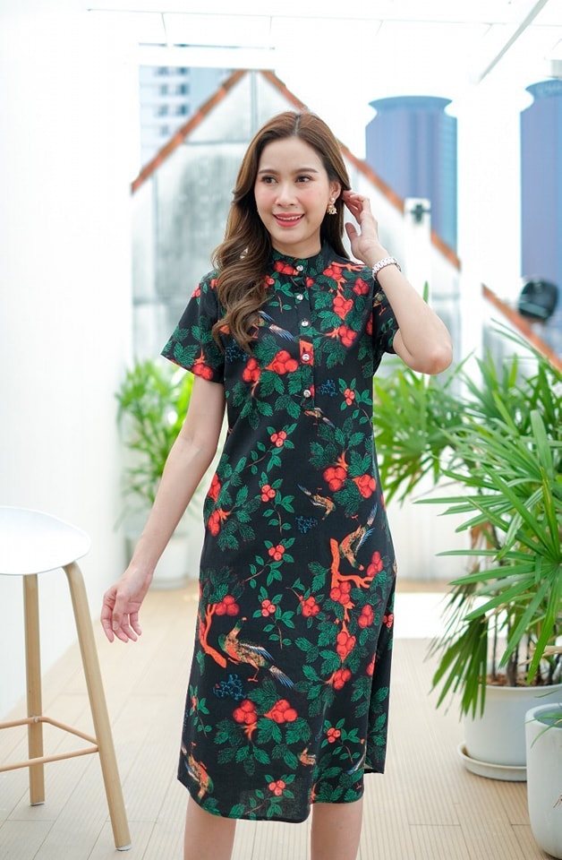 เดรส #8419 ลินินผสมฝ้ายพิมพ์ลายดอกไม้สีสดใส ผ้าดีเนื้อนิ่ม ใส่สบาย ไม่ร้อน แบบสวยใส่ได้หลายโอกาส